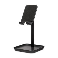 a black desk stand with a phone holder on it's side and one arm extended to the other