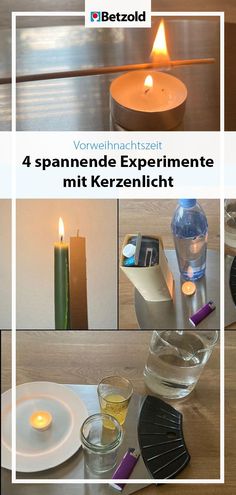 the four images show different types of candles and glassware, with one candle lit on top