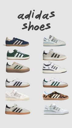 the adidas shoes are all different colors and sizes