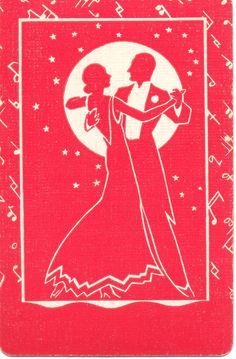 a red card with an image of a man and woman dancing in front of a full moon