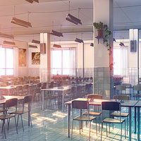 an empty classroom with desks and chairs