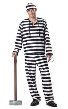 a man dressed in a jail inmate costume