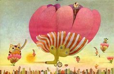 an image of people flying in the sky with hot air balloons and animals on them