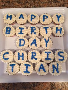 cupcakes with the words happy birth day written in blue frosting on them