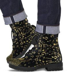 Title: Gold Music Boots Womens Notes Design Faux Leather Combat Personalized Gifts Covboy Dad Music Men Note Black Cowboy Ankle Casual Description:Men's Boots designed to express your personality!With a stunning Artical Lion inspired design, these custom made boots are ready for the camera. They are custom made and carefully crafted to express your uniqueness and make you stand from the crowd! Material that we use is faux leather, so they are entirely vegan-friendly, and the Artical Lion Bootd w Gold Music Notes, Doc Martens Style, Martens Style, Hippie Boots, Combat Boots Style, Boots Combat, Boho Boots, Leather Combat Boots, Black Cowboy