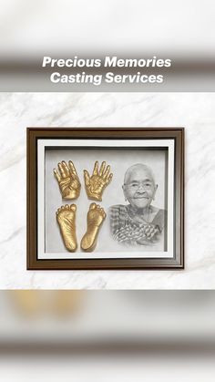 an image of two gold hands and feet in a frame with the words precious memories casting services