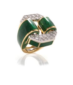 Add a vibrant statement ring to your collection. This colorful variation on the David Webb Tire Ring features platinum-set diamonds, green enamel, and 18K gold. Luxury Enamel Ring With Polished Finish, Fine Jewelry Enamel With Diamond Accents, Enamel Jewelry With Diamond Accents, Art Deco Enamel Rings For Formal Occasions, White Gold Enamel Rings With Polished Finish, Luxury Enamel Jewelry With Diamond Accents, Formal White Gold Enamel Ring With Black Detail, Formal White Gold Ring With Black Enamel, Luxury Green Diamond Ring With Brilliant Cut