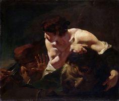 a painting of a naked man with other men in the background and one laying on his back