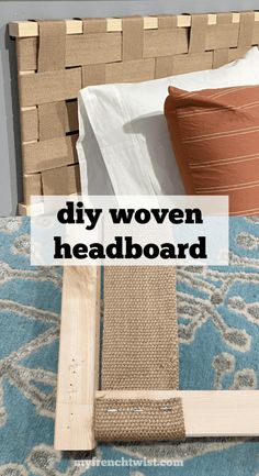 a diy woven headboard made out of wood sticks and burlap with text overlay that reads diy woven headboard