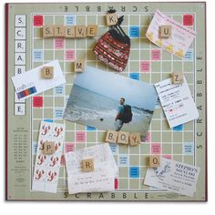 a collage of photos and letters on a board with scrabbles around it