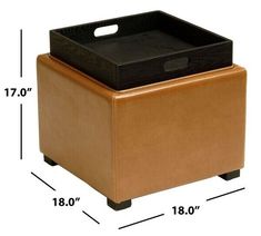 a brown leather storage box with measurements for the top and bottom section on it's legs