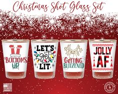 three christmas shot glass set with the words, let's get lit and holiday themed