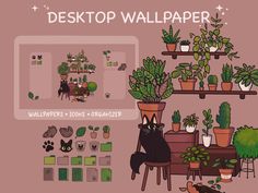 the desktop wallpaper is filled with potted plants