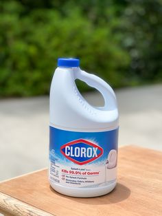 a gallon of clorox sitting on top of a wooden table next to a green bush