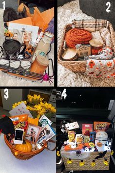 four pictures showing the contents of a halloween gift basket in various stages of being decorated