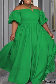 Olivia Mark - White Elegant Solid Pocket Fold Halter A Line Plus Size Dresses for Casual Work Yellow Plus Size Dresses, Casual Work Dress, Casual Work Attire, Solid Maxi Dress, Green Maxi Dress, Vestido Plus Size, Elegant Maxi Dress, Off Shoulder Fashion, Green Maxi