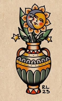 a drawing of a flower in a vase with the moon and stars on it's side