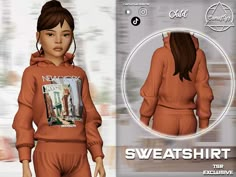 an animated image of a woman in orange sweatsuits and hoodie with the words sweatshirt on it