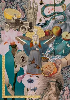 an altered collage with images of people and food on it's sides, including apples