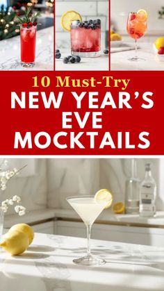 Four vibrant mocktails for New Year's Eve: a red cranberry spritzer garnished with rosemary and cranberries, a blueberry fizz with lemon, a citrus sangria with orange slices, and a classic lemon mocktail in a martini glass. Refreshing non-alcoholic drinks perfect for holiday parties and celebrations.