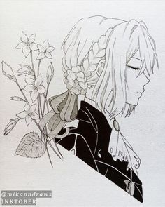 a drawing of a girl with flowers in her hair, holding onto a black and white jacket