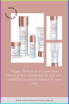 Our skin, just like our digestive systems contains it's own microbiome which is a symbiotic relationship between our skin cells and beneficial bacteria. Make up, cleansers, moisturisers, antibiotics and even our diet impacts on the skin microbiome. When harmful bacteria replace beneficial bacteria our skin tends towards inflammation, infections and lacks radiance. Enter Happy Skincare® which is a powerful blend of skin nutraceuticals and skin probiotics to restore balance in your skin. Symbiotic Relationships, Skin Cleanse, Happy Skin, Beneficial Bacteria, Make Happy, Natural Face, Hormone Balancing, Digestive System