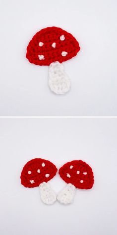 crocheted red and white mushrooms with hearts on them