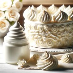 a cake with white frosting sitting on top of a table next to other cakes