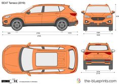 an orange car is shown from the top and side view, with measurements for each vehicle