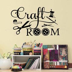 a wall decal that says craft room with sewing needles and yarns on it