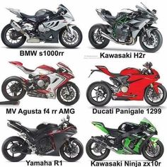 four different types of motorcycles are shown in this graphic above the words kawasaki, kawasaki, kawasaki r1, kawasaki ninja zx10r and kawasaki