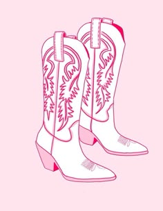 a pair of white cowboy boots with pink soles on a light pink background illustration