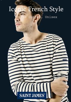 Symbol of vintage French fashion – universal and timeless. our best selling Breton tee, MINQUIERS MODERNE, shown here in classic navy/ecru stripes, is made of soft cotton with a relaxed fit.  Available in 9 colors.  Meticulously crafted in Normandy, France at our employee-owned factory whose output has been outfitting the French Navy and assorted fashion legends since 1889. Vintage French Fashion, Normandy France, French Navy, Male Fashion