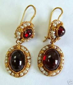 Garnet And Pearl Earrings, Garnet Jewelry Aesthetic, 1800s Earrings, Victorian Era Jewelry, Seed Pearl Jewelry, Antique Style Jewelry, Victorian Earrings, Red Jewelry, Garnet Jewelry