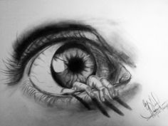 a pencil drawing of an eye with two hands holding the viewer's eyeball