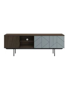 the sideboard is made from wood and has two doors, one with an open drawer