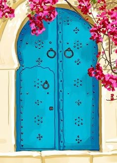 an image of a blue door with pink flowers on it