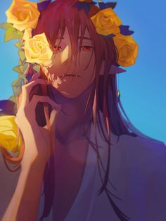 a girl with flowers in her hair holding a cell phone to her ear and looking at the camera