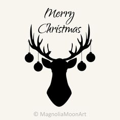 a reindeer head with ornaments hanging from it's antlers and merry christmas lettering