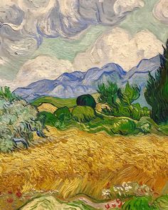 a painting of a wheatfield with mountains in the background