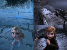 four different scenes of frozen princesses in various stages of action, from the beginning to the end