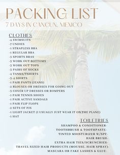 a palm tree with the text packing list 7 days in cancun mexico on it