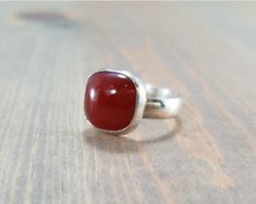 Red Carnelian Chuck Square Gemstone Ring.  Perfect for spring summer 2018 color palette.  Pantone Cherry Tomato is almost a perfect match!  Handmade jewelry by BloomingOak Design. Statement Rings Unique, Gemstone Solitaire Ring, Red Stone Ring, White Pearl Bracelet, Red Carnelian, Turquoise Stud Earrings, Turquoise Pendant Necklace, Carnelian Ring, Cherry Tomato