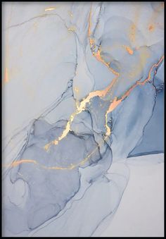 an abstract painting with gold paint on it's edges and blue, yellow, and gray colors