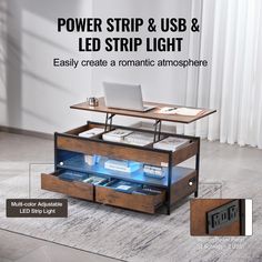 a table with drawers underneath it that has power strip and usb & led strip light