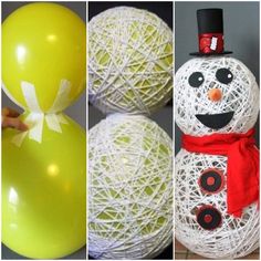 three different pictures one has a snowman, the other is a ballon with a top hat and scarf