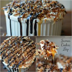 the cake is covered in chocolate and coconut flakes, then drizzled with caramel