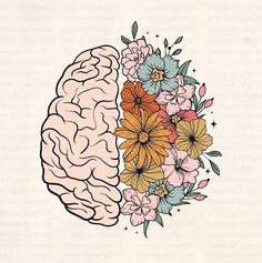 a drawing of a brain with flowers on it