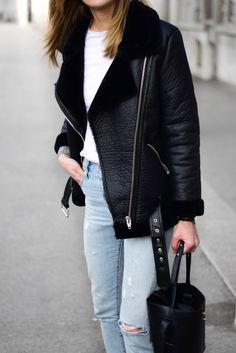 black shearling jacket, katiquette Black Aviator Jacket Outfit, Aviator Jacket Outfit, Black Shearling Jacket, Shearling Jacket Women, Minimal Street Style, Womens Fashion Edgy