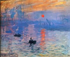 a painting of boats floating on top of a body of water at sunset or sunrise